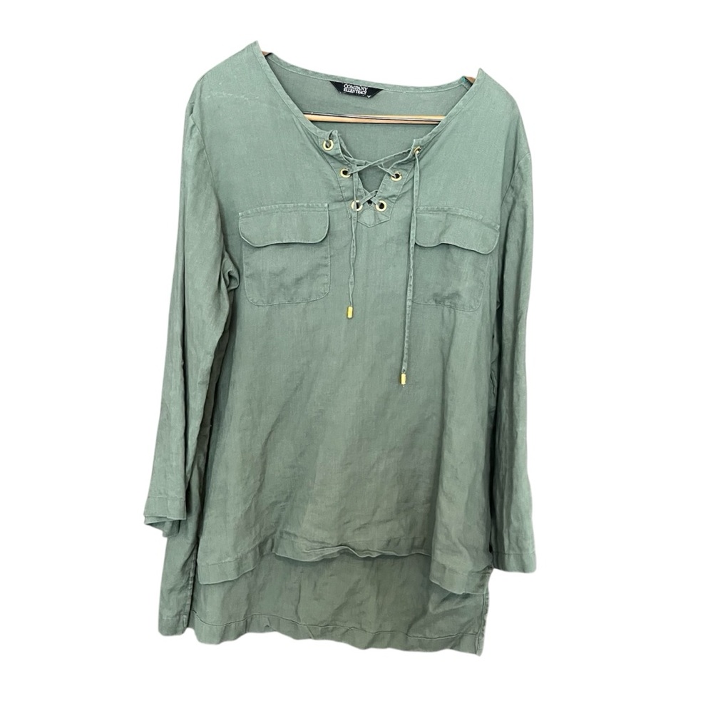 Ellen Tracy COMPANY Woman’s shirt Large Linen mossy Green Springy style laced